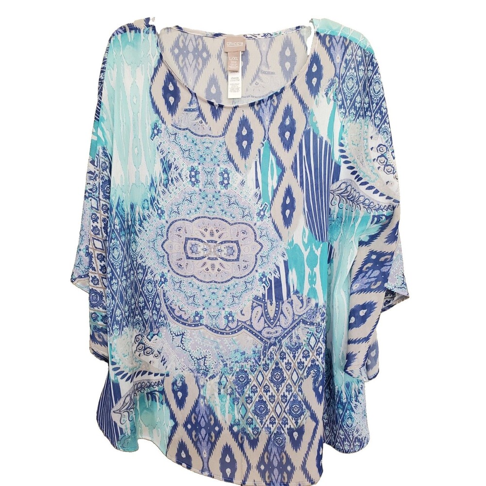 Chico's Chiffon Mixed Print Semi-Sheer Poncho Top Size L/XL Boho